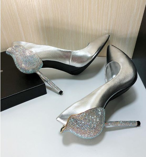 

early spring european and american silver sheepskin lotus leaf rhinestones with high-end fashion pointed high dress shoes, Black