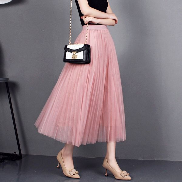 

blazers tulle skirts womens elastic pink pleated 2021 spring summer korean high waist mesh long tutu skirt vacation, Black