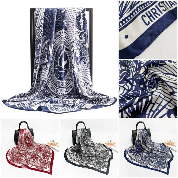 

scarves jtvovo 2021 90*90cm all-match women's fashion silk scarf french retro print headscarf bandana pareo, Blue;gray