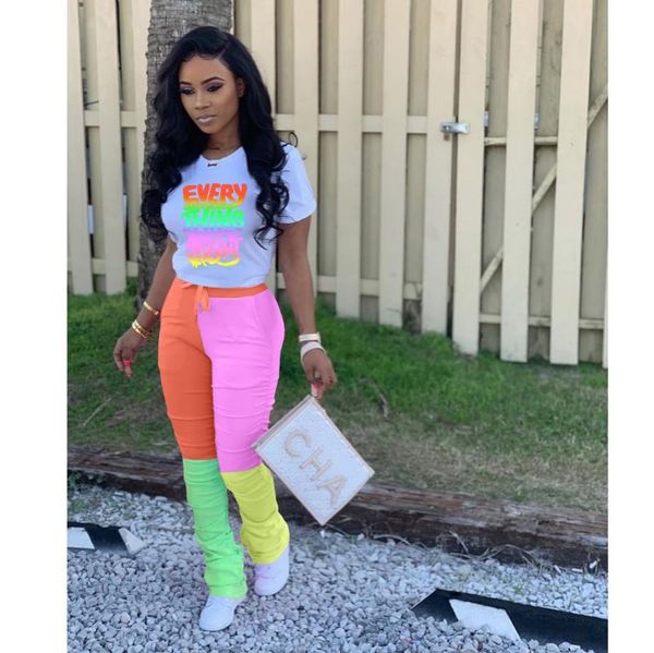 

women's two piece pants set women fashion colorblock letter print long sets wholesale items outfits for, White