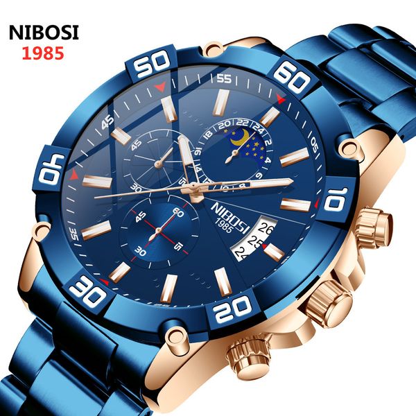 

watches nibosi men brand luxury blue waterproof quartz fashion chronograph male sport relogio masculino, Slivery;brown