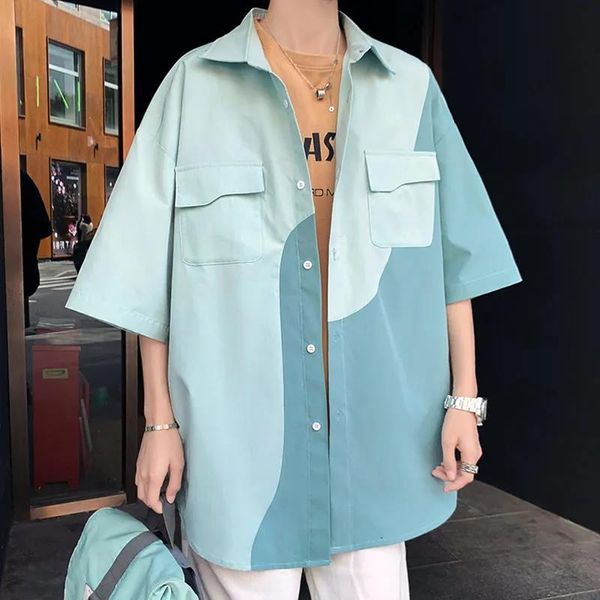 

men's casual shirts hip hop patchwork oversize high street japanese men funny short sleeve shirt summer loose punk blouse, White;black