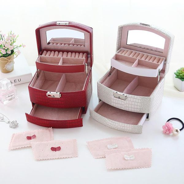 

storage boxes & bins leather jewelry box for makeup organizer women earring ring three-layer cosmetic casket make up decoration