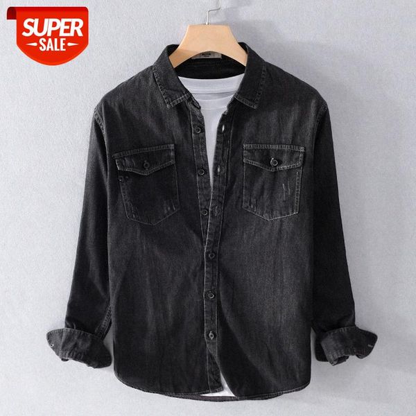 

pure cotton men's casual youth art thin loose denim shirt trendy black wild long-sleeved 9301 #ye53, White;black