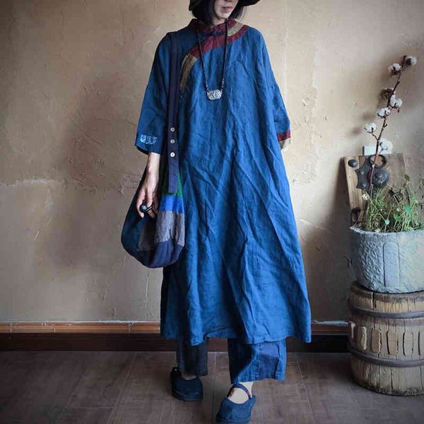

johnature vintage patchwork linen dress loose three quarter sleeve women autumn stand collar retro women dresses 210521, Black;gray