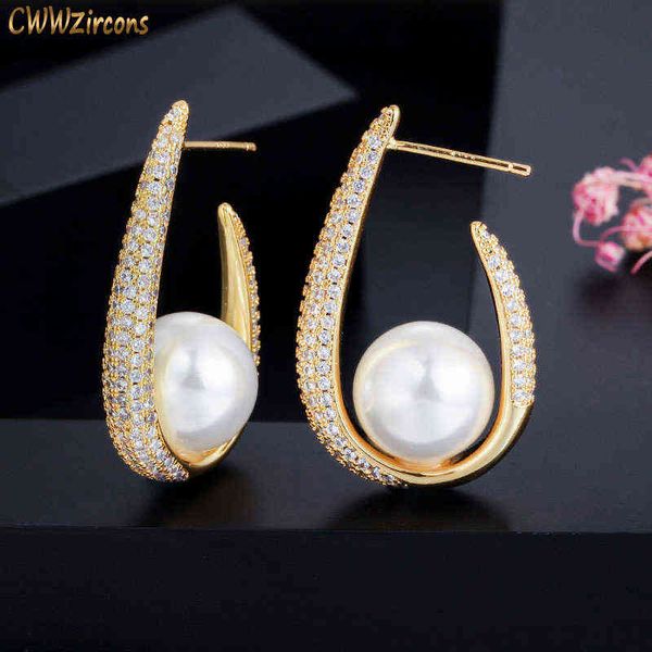 

cwwzircons unique trendy micro pave cubic zirconia u shape yellow gold color big pearl hoop earrings for women jewelry cz565 220108, Golden;silver