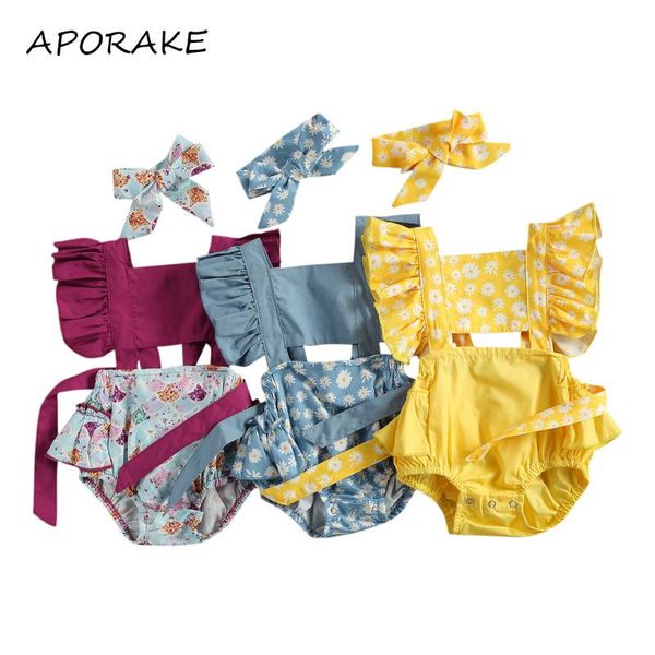 

jumpsuits 2021 0-24m born casual baby girl playsuit summer cute daisy print sleeve square collar tie up ruffle romper+headband 2pcs, Blue