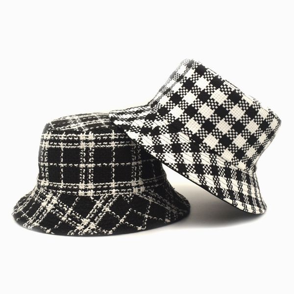

vzyynew bucket hats women autumn winter tweed plaid japanese style vintage hat bob ladies girls elegant chic fisherman hat panama, Black;white