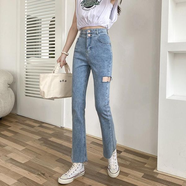 

women's jeans shnsophi women streetwear high waist blue denim pants slim fit hole tassel vintage female ankle length casual trousers