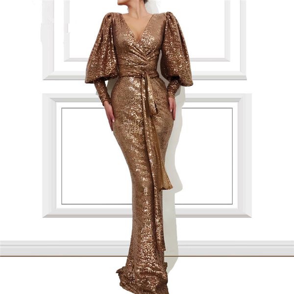 Goldenes Designer-Abendkleid mit Gürtel, sexy V-Ausschnitt, lange Ärmel, Pailletten, glitzernde Damen-Abschlussballkleidung, maßgeschneiderte Promi-Kleider Robe De Soiree