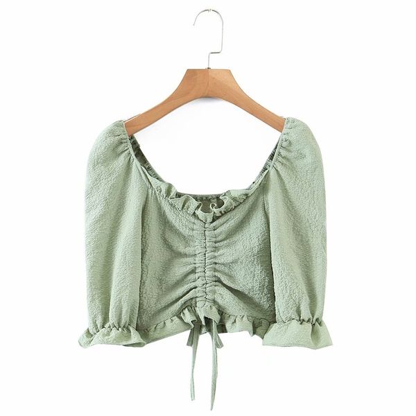 

sweet women o neck shirring blouse spring-autumn fashion ladies high street shirt female elastic drawstring crop 210430, White