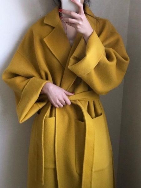

women's wool & blends [ewq] split hem chic jacket winter clothing autumn 2021 elegant long coat women batwing sleeve loose pocket, Black