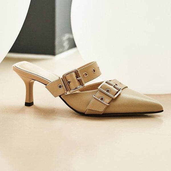 

slippers mljuese 2021 women soft cow leather rome style summer buckle strap pointed toe black color sandals party dress size 40