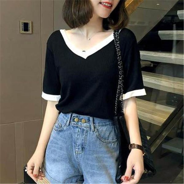 

women summer knitted shirt casual loose color matching short sleeve sweater slim v-neck pullover femme 2021 blusa women's sweaters, White;black