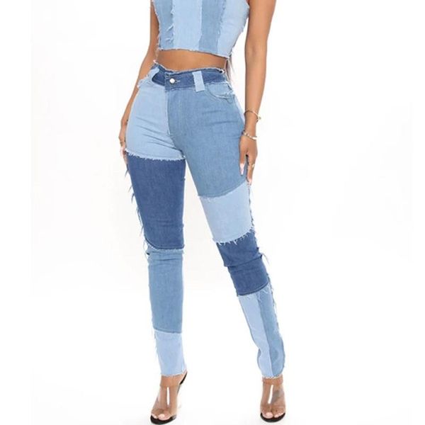 

women's jeans woman patchwork skinny straight leg mid waist denim trousers color block vintage streetwear pants fashion clothing, Blue