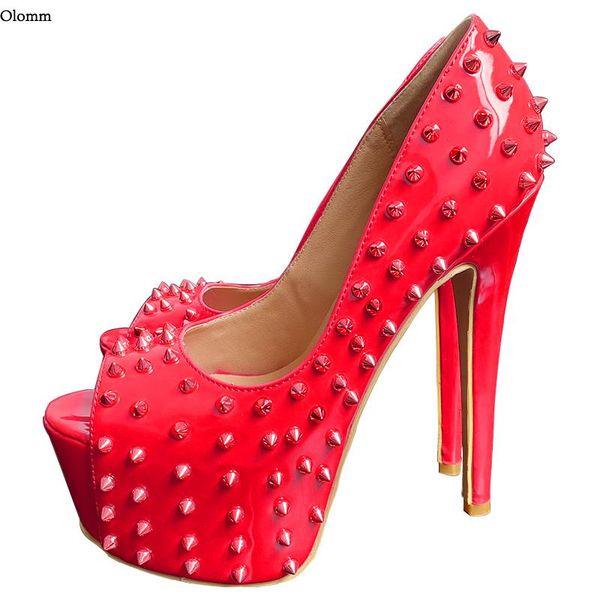 

dress shoes olomm women platform pumps studded thin high heels peep toe red orange pink fuchsia night club us size 5-15, Black