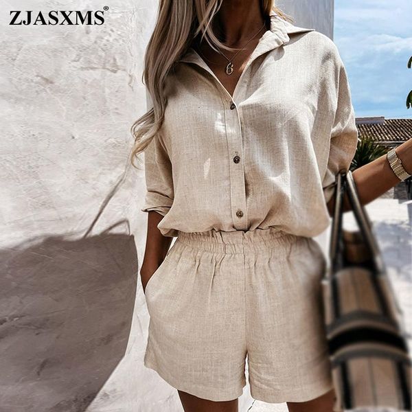 

women's tracksuits summer women linen shorts set 2021 turn-down collar long sleeve shirt and casual two pieces loose outfits female, Gray