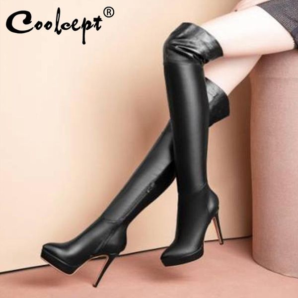 

boots coolcept plus size 34-46 woman over knee platform thin heel winter fashion shoes footwear, Black