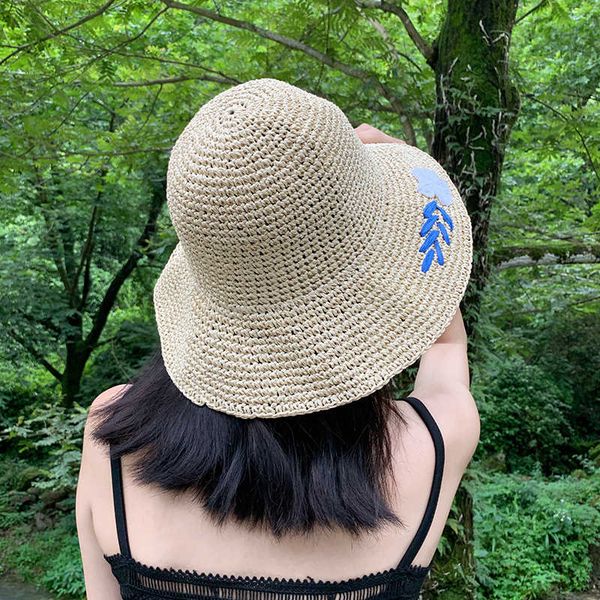 

straw women's summer foldable designer little flower lovely laurie holiday beach sun protection hat, Blue;gray