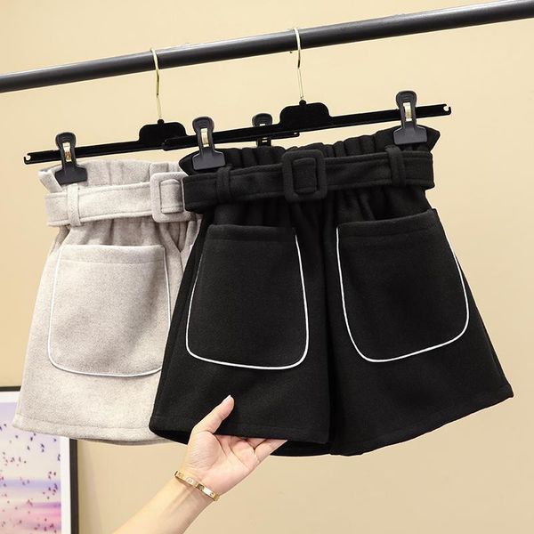 

women's shorts wide leg woolen for women korean with belt high waist loose casual short pants solid color femme y31, White;black