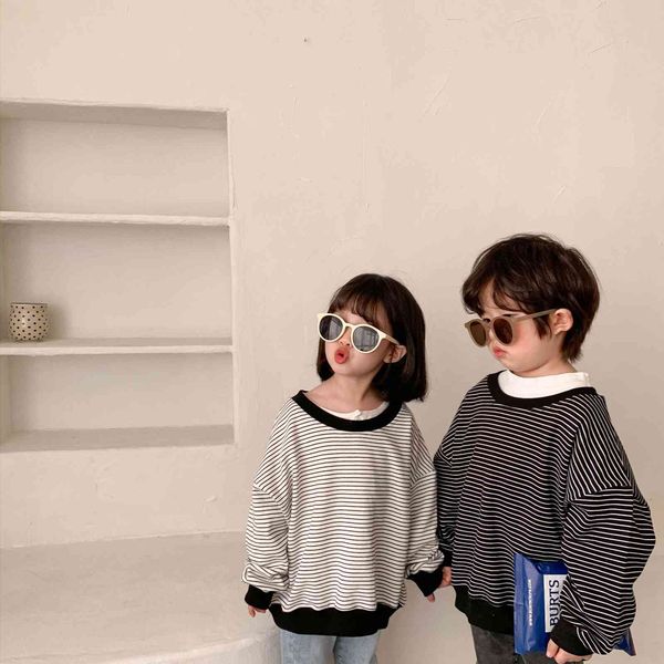 

spring cotton striped long sleeve sweatshirts for children casual loose pullovers 210508, Black
