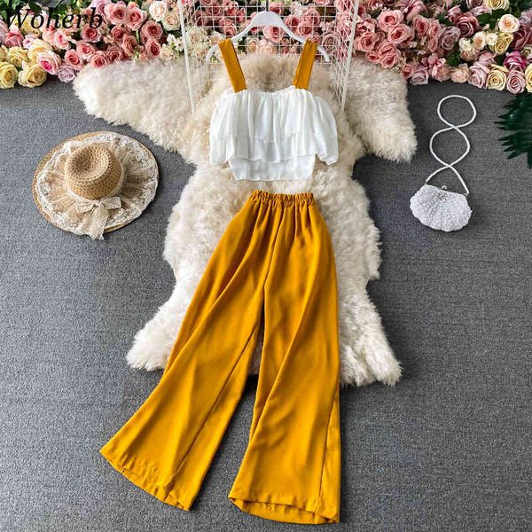 

two piece set women outfit short ruffles sling high waist wide leg pants casual holiday summer suit female 210422, White