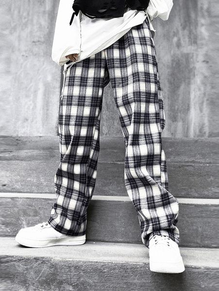 

men drawstring waist plaid pants d64s#, Black
