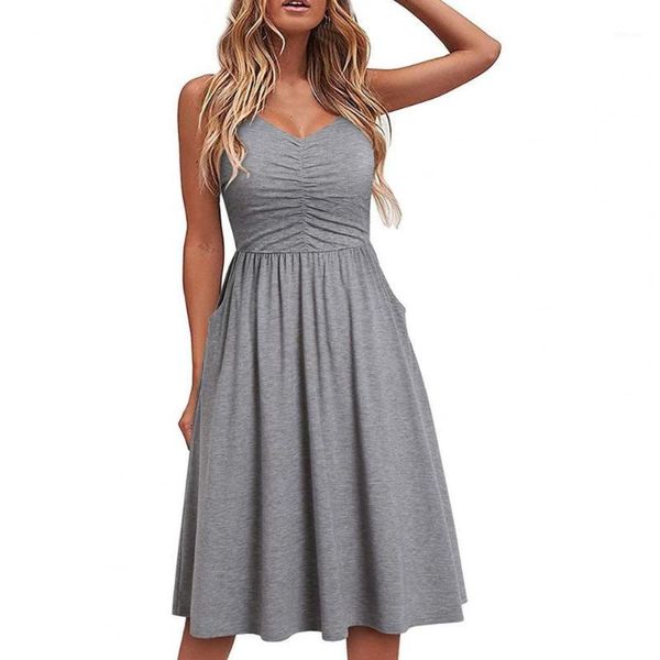 

women's swimwear summer women solid color dress low neck pleated middle length ladies sleeveless shirring for dating casual beach dress, White;black