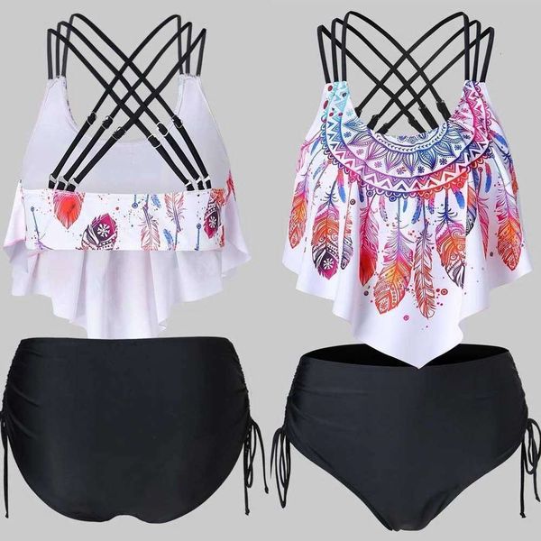 

2020 bikini split swimsuit women's ruffle high waisted printed, White;black