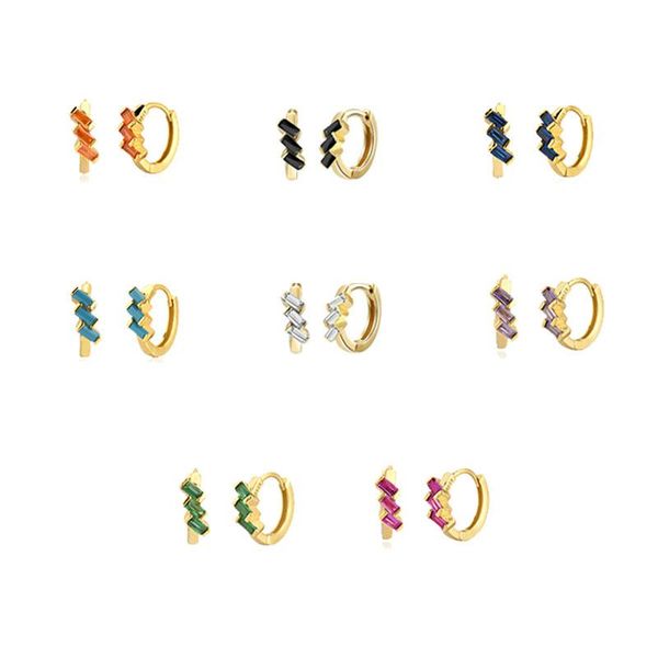 

hoop & huggie 925 sterling silver 8.5mm white/black/purple/rose red/green/turquoise three mini rectangle zircon earrings fashion jewelry, Golden;silver