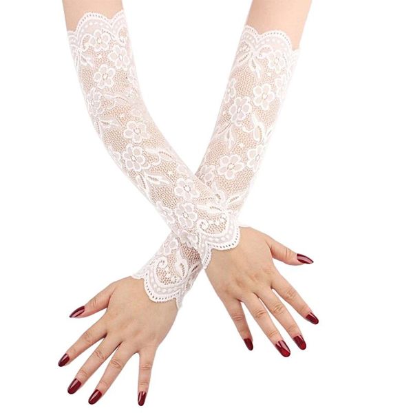 

bridal gloves tiaobug summer women long floral lace sun uv protection arm sleeves fingerless mitten elegant ladies wedding party, White