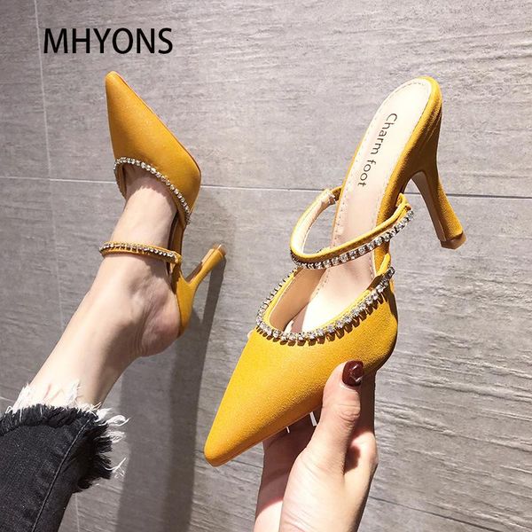 

dress shoes 2021 summer pointed toe rhinestone sequined stiletto slippers print baotou half drag silver heels thin high, Black