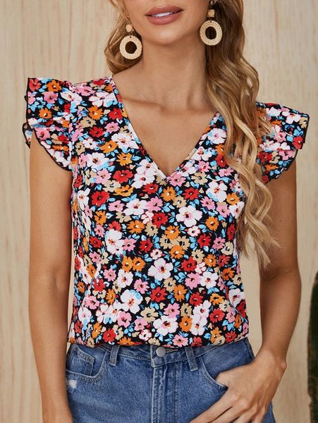 

floral print ruffle trim b3xf#, White