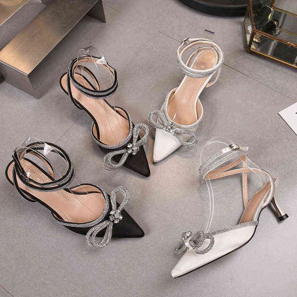 

women's sandals pointed high s 2022 summer baotou bow sandals thin medium heel satin women's shoes, Black