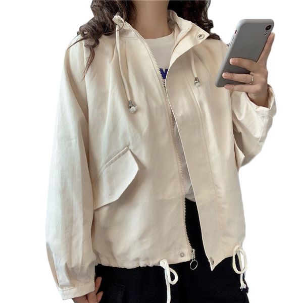 

women's cape new spring autumn trench coat women solid stand collar zipper short outerwear loose casual student female windbr, Black