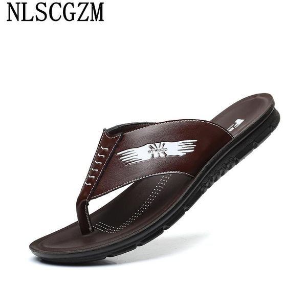 

slippers flip flops men summer 2021 designer slides genuine leather mens beach shoes luxury, Black