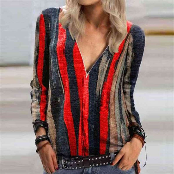 

loose v-neck zipper dandelion print t-shirt tie-dye striped long-sleeved t-shirt v neck zipper women's plus size clothing 210401, White