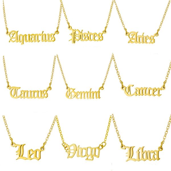 

personalized letter zodiac necklace custom constellation stainless steel old english pendant necklace for women birthday jewelry, Silver