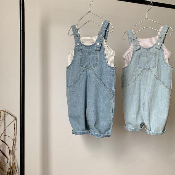 

stylish girls boys denim overalls fashion summer cotton linen kids jumpsuit jumpsuits, Blue