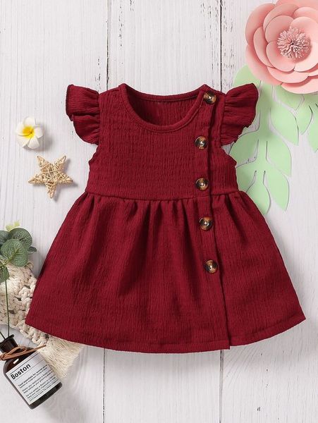 

baby button detail ruffle trim dress she, Red;yellow