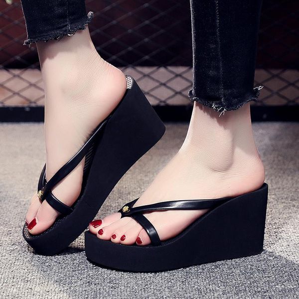

slippers shoes flat women heels slides on a wedge pantofle shale female beach rubber flip flops beige heeled sandals high soft 2, Black