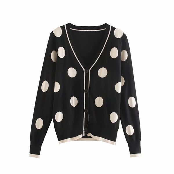 

women's two piece pants za women autumn classic big dot knit cardigan sweater v-neck girl long sleeve casual loose single breasted, White
