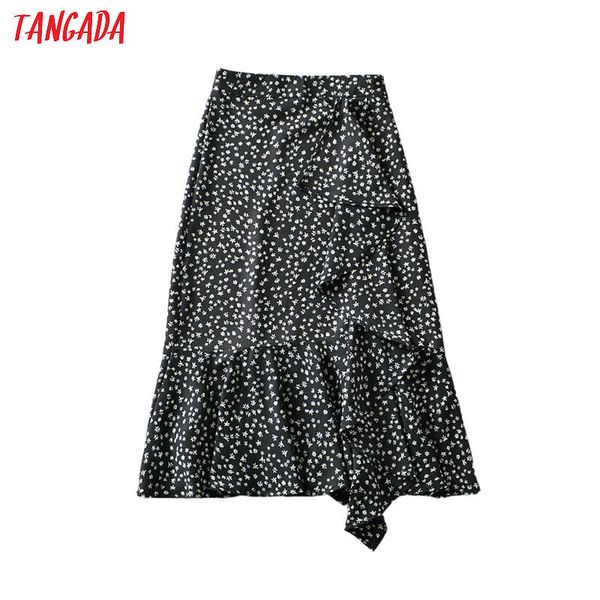

women print ruffles midi skirt faldas mujer side zipper office ladies elegant chic mid calf skirts 6a164 210416, Black