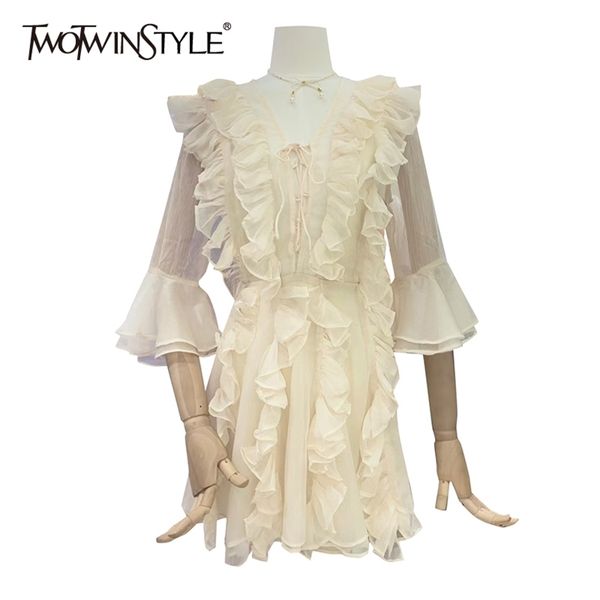 

black patchwork ruffle dress for women v neck long sleeve high waist bandage mini dresses female fashion 210520, Black;gray