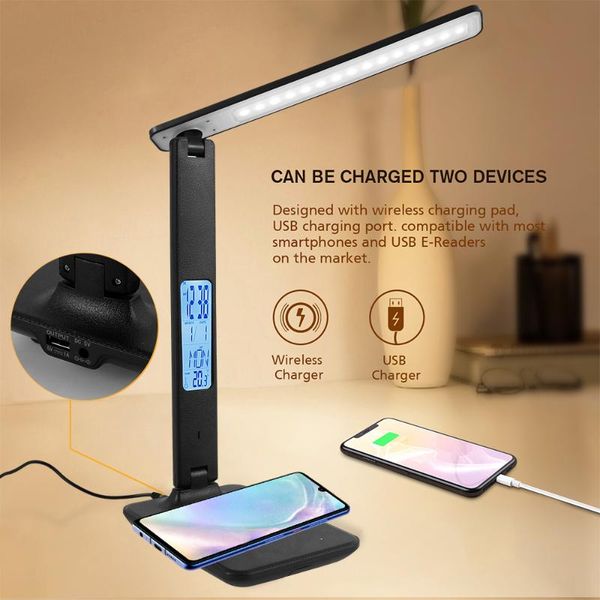 

desk lamp with wireless charging touch control table light eye protect reading calendar temperature alarm clock lamps