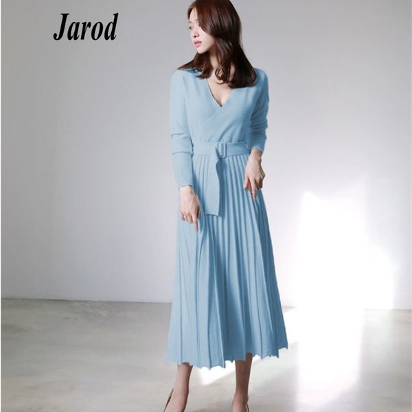 

fashion women sweater knitting dress autumn winter solid color v-neck long sleeve knitted casual pleated 210519, Black;gray