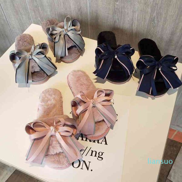 

autumn and winter indoor plush warm bow flip flop women's home anti-skid flat bottom can wear fashionable cotton slippers outside, Black