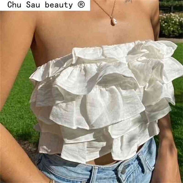 Moda Verão Sexy Linho Chique Branco Laminado Ruffles Strapless Crop Tops Mulheres Doce Adorável Tubo Tubo Tarte Back Laço Feminino 210719