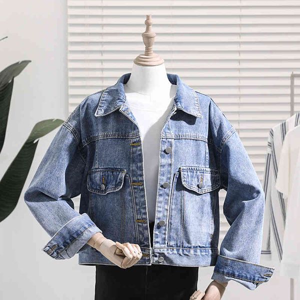 

women's fur & faux jeans jacket women korean vintage denim coat plus size fashion spring autumn loose solid short long sleeve out, Black