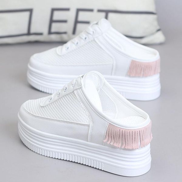 

shoes woman 2021 slippers summer platform increased internal low pantofle basic slides pu fabric hoof heels female inc, Black